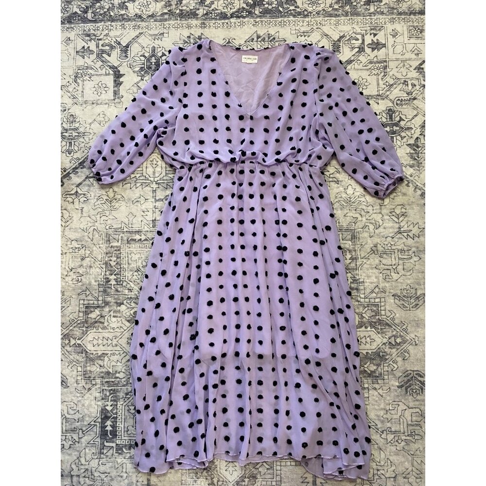 Purple Polka Dot Maxi Dress 2X Chic Soul V-Neck Elastic Waist‎ 3/4 Sleeves Lined